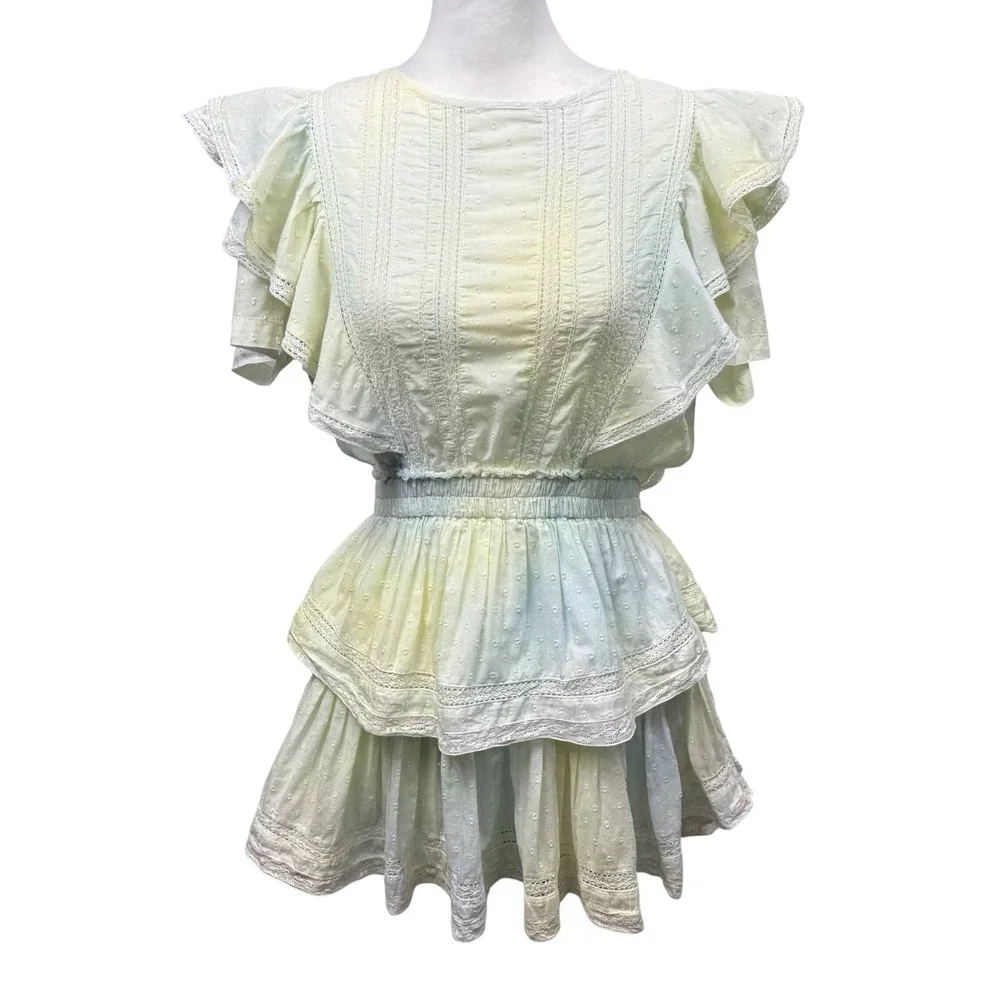 LOVESHACKFANCY‎ Natasha Mini Dress Size M Lily Pond Tiered Ruffle Tie Dye Dainty - Picture 2 of 14